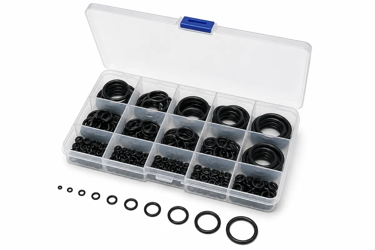 Boîte de joints toriques (coffret assortiment) ouverte sur ses compartiments