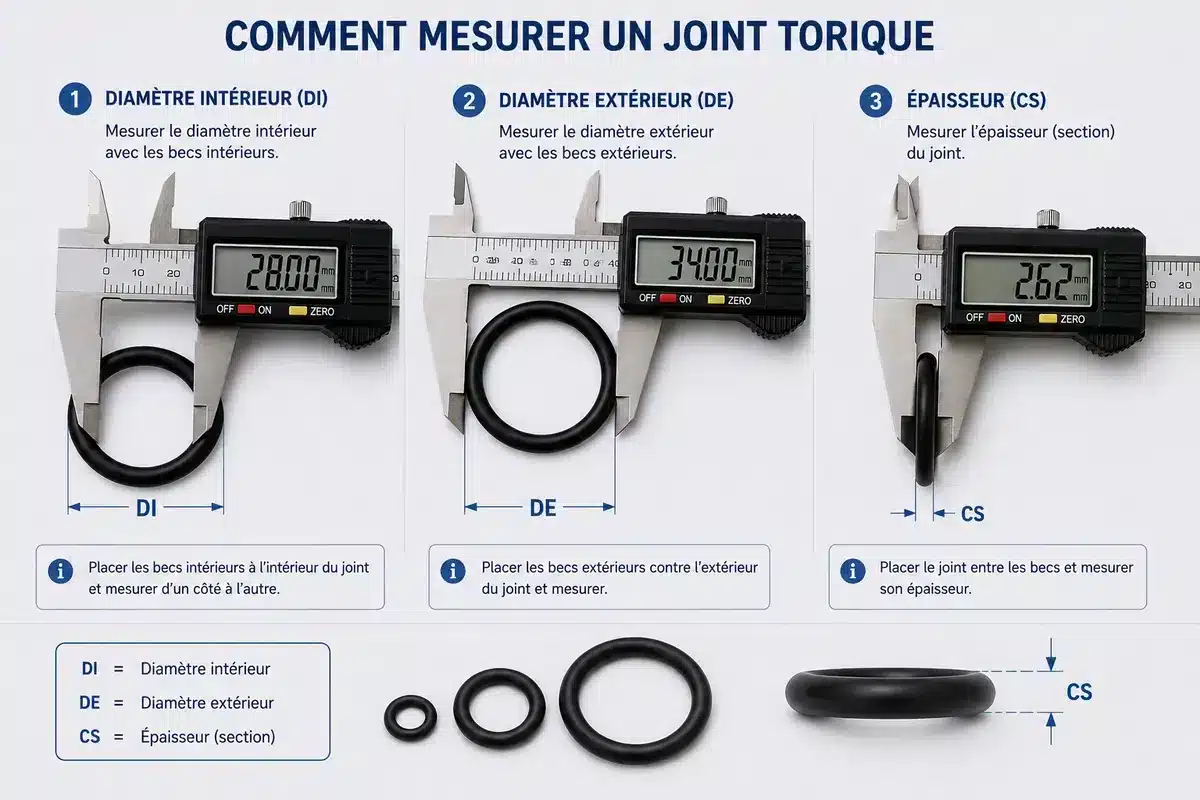 Comment mesurer un joint torique au pied à coulisse : diamètre intérieur (DI), diamètre extérieur (DE) et épaisseur du tore (CS)