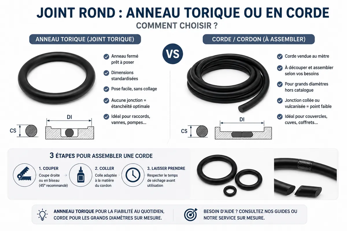 Joint rond en anneau torique et en corde à découper