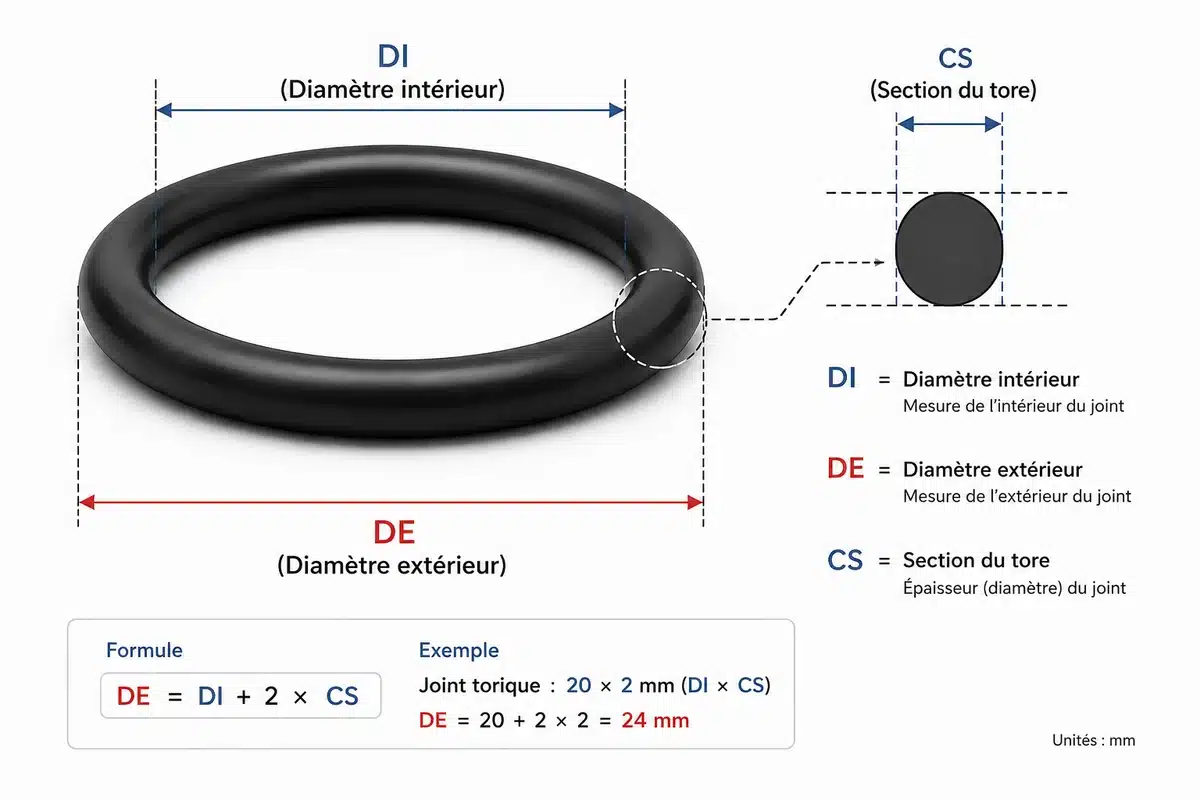 Schéma des dimensions d'un joint torique : diamètre intérieur (DI), diamètre extérieur (DE) et diamètre de tore (CS)