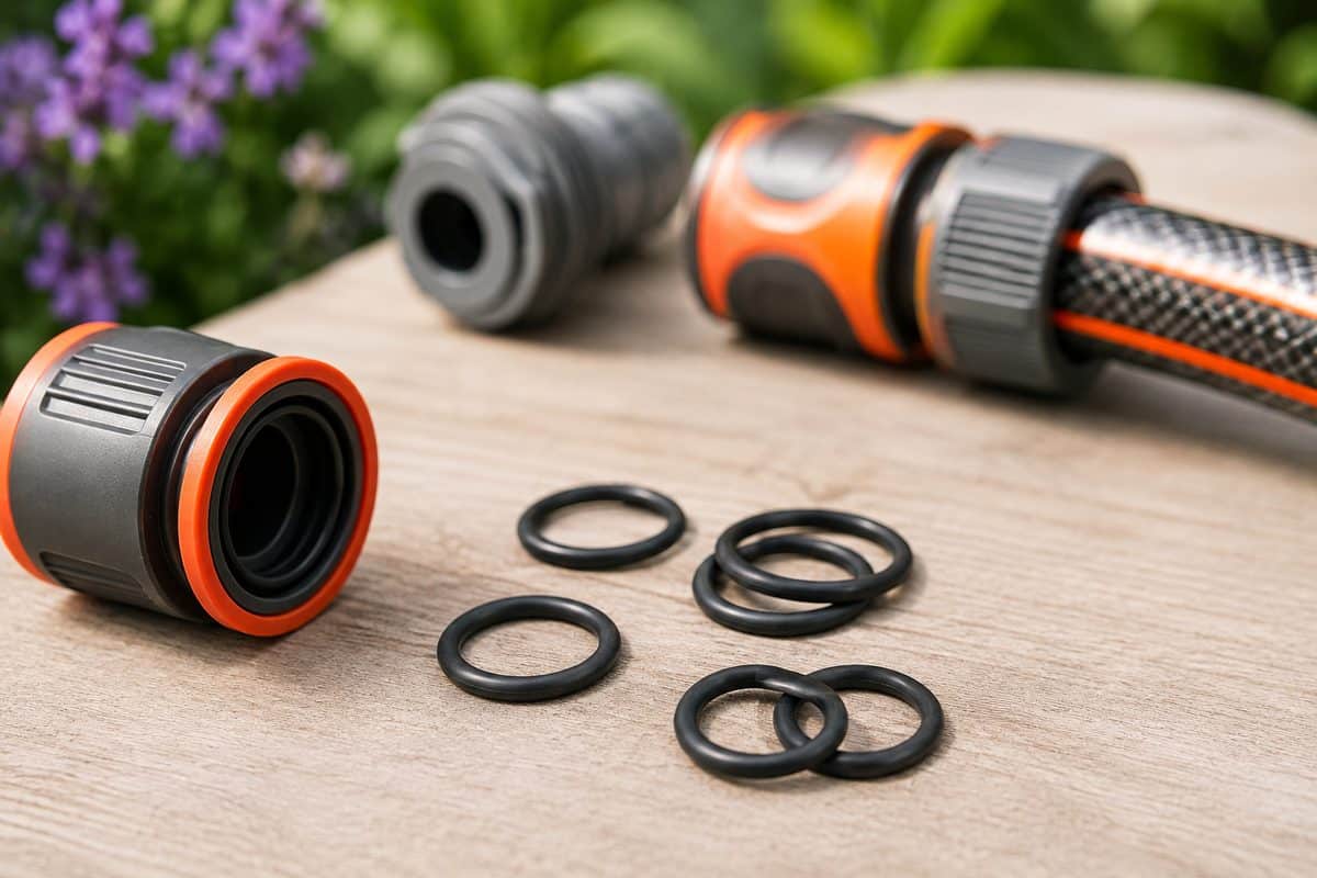 Raccords rapides Gardena et joints toriques sur une table de jardin