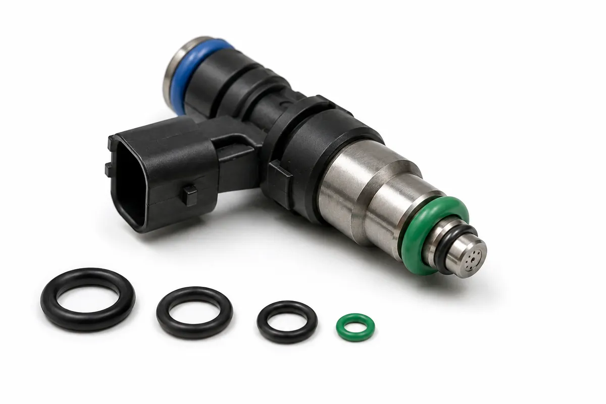 Injecteur automobile équipé de joints toriques bleu et vert, avec quatre joints toriques de tailles différentes posés devant