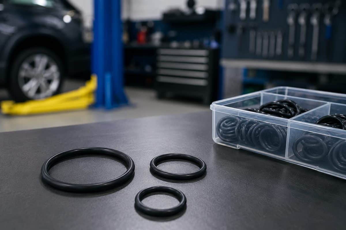 Joints toriques et coffret d'assortiment sur un établi de garage automobile