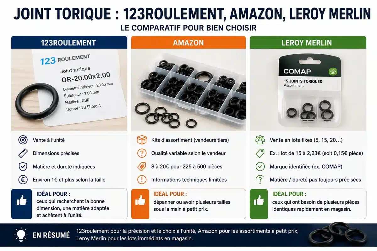 Comparatif joint torique 123roulement, Amazon et Leroy Merlin