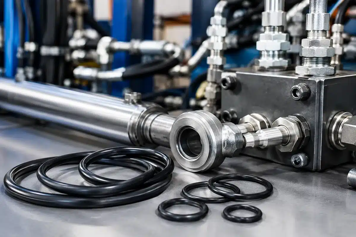 Joints toriques hydrauliques devant un circuit hydraulique industriel
